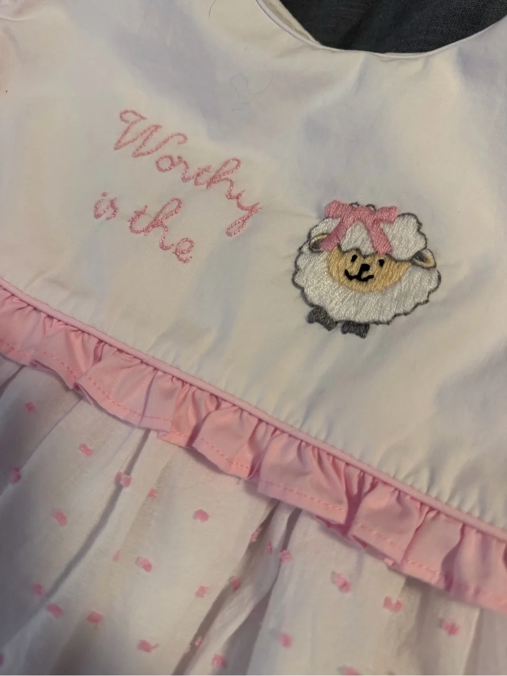 NEW!! Worthy Is The Lamb Pink-Trim White Baby Dress with Embroidered Bib